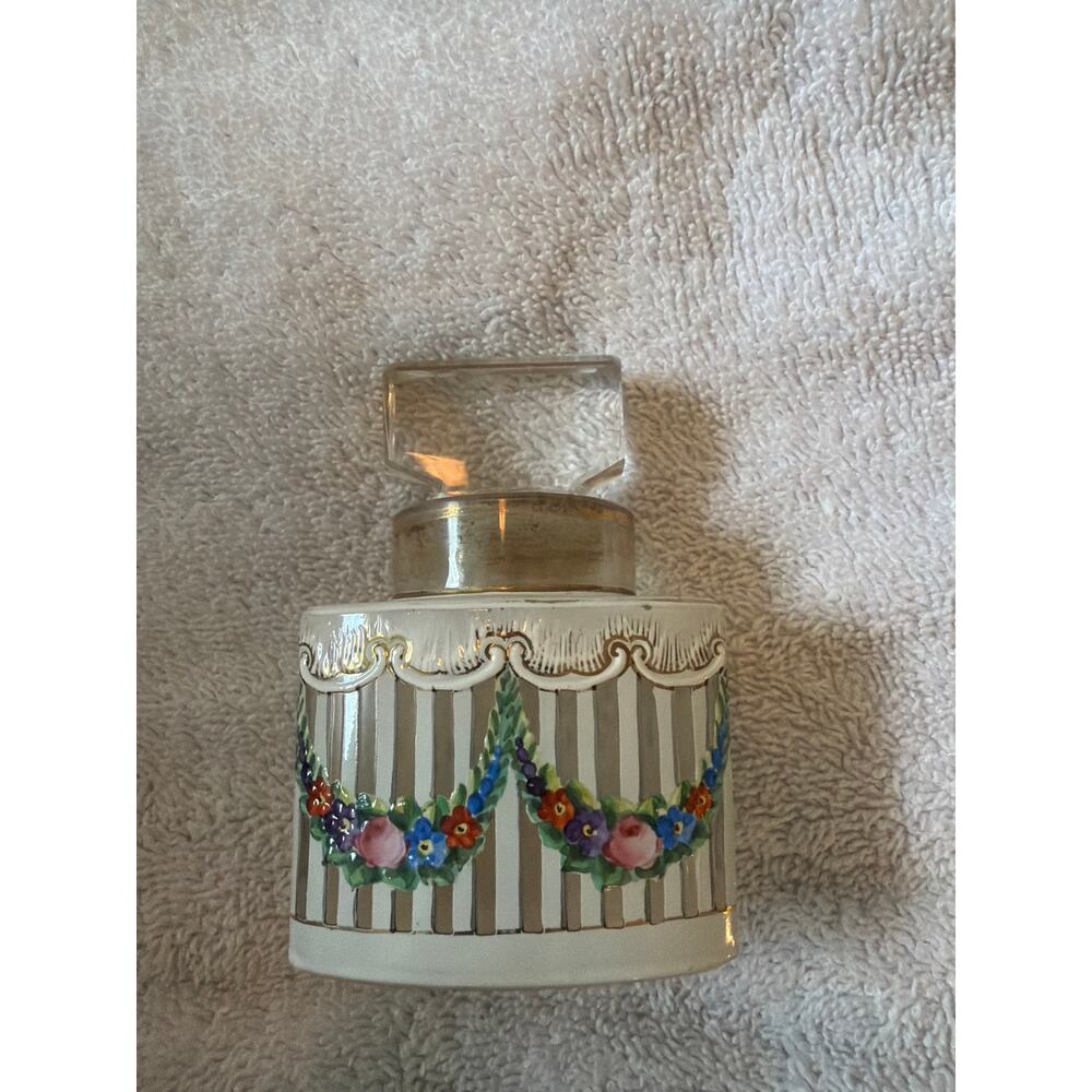 Vintage Hand Painted Frosted Glass Perfume Bottle Floral Garland Vanity Bottle